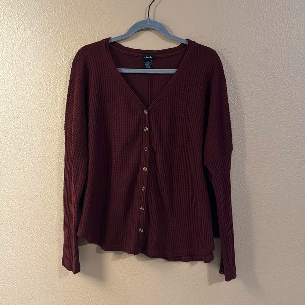 Red waffle knit soft button down dolman style long sleeve